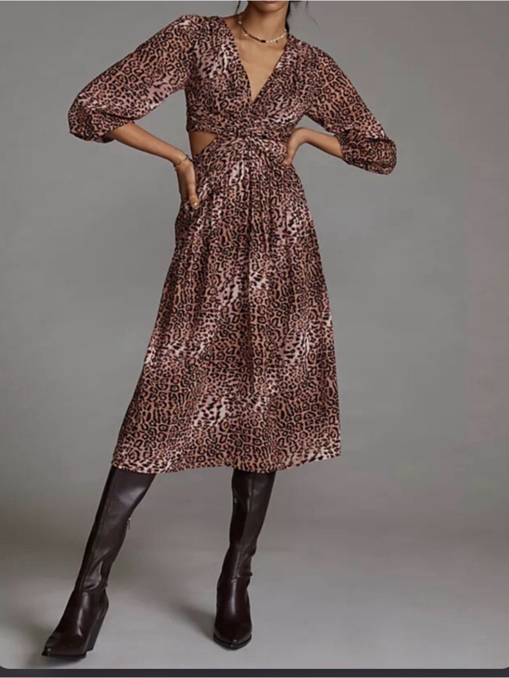 Anthroplogie, Ranna Gill Brown Motif Midi Dress with Black Leopard Print